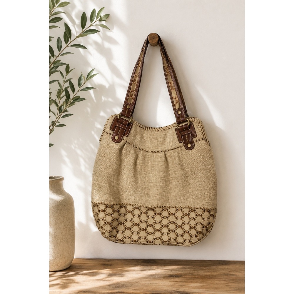 Vintage Fossil‎ Y2K Beige Canvas Shoulder Slouchy Tote Boho Everyday Bag